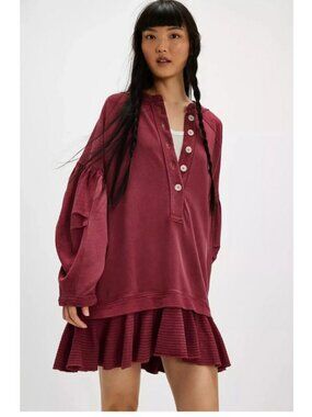 Free People Zander Mini Dress Button Layered Ruffle Red Berk L